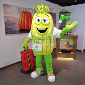 Lime Green French Fries mascot costume character dressed with a Henley Shirt and Briefcases