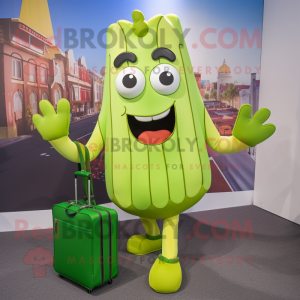 Lime Green French Fries mascot costume character dressed with a Henley Shirt and Briefcases