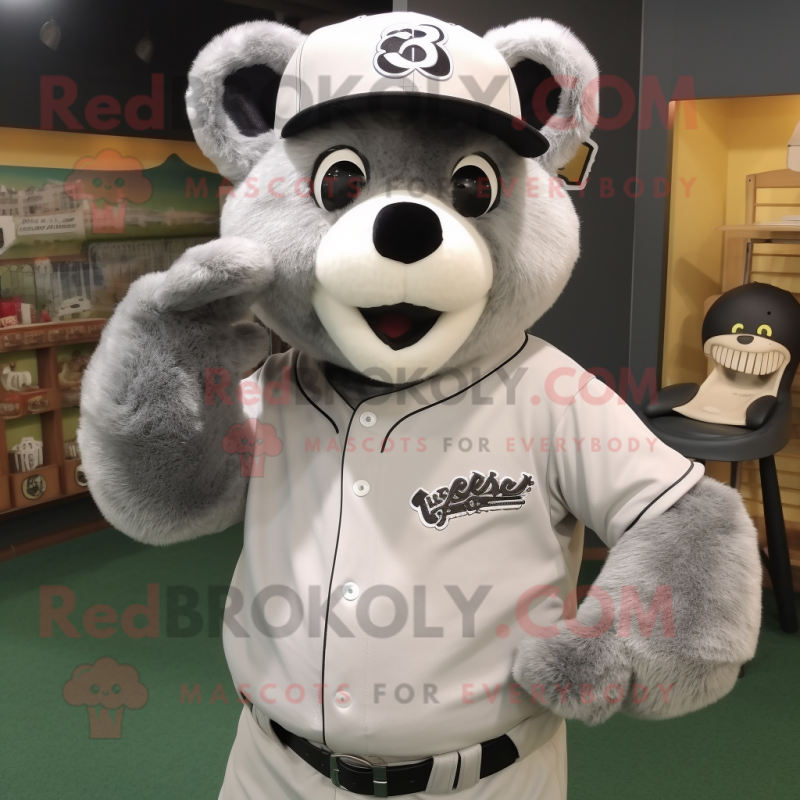 Silver Spectacled Bear mascot costume character dressed with a Baseball Tee and Keychains Silver Spectacled Bear mascot costume character dressed with a Baseball Tee and Keychains
