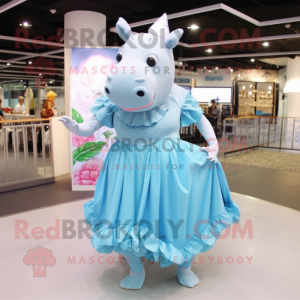 Sky Blue Rhinoceros mascot costume character dressed with a Maxi Dress and Hairpins