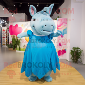 Sky Blue Rhinoceros mascot costume character dressed with a Maxi Dress and Hairpins