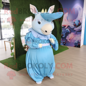 Sky Blue Rhinoceros mascot costume character dressed with a Maxi Dress and Hairpins