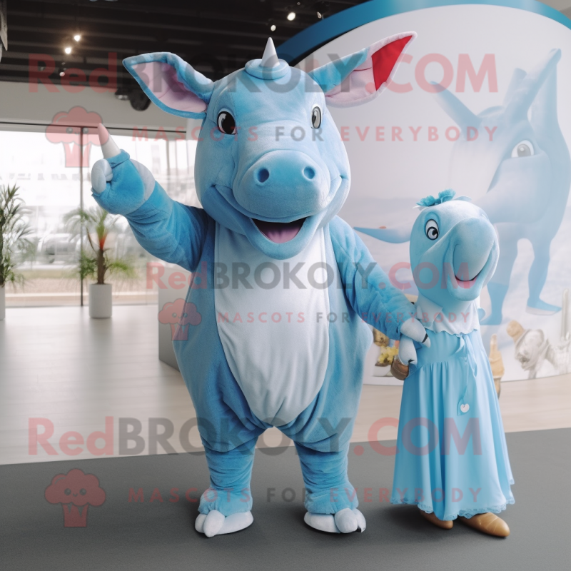 Sky Blue Rhinoceros mascot costume character dressed with a Maxi Dress and Hairpins