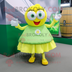 Lemon Yellow Green Beer mascot costume character dressed with a Circle Skirt and Foot pads
