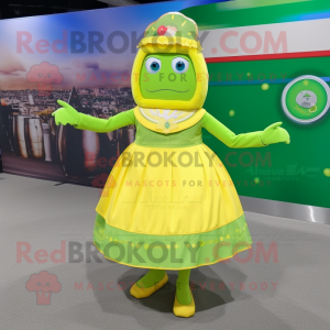 Lemon Yellow Green Beer mascot costume character dressed with a Circle Skirt and Foot pads