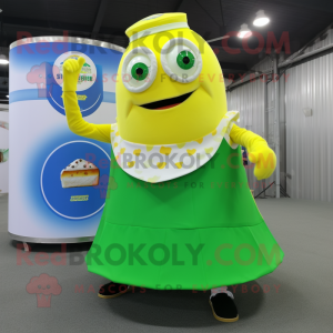 Lemon Yellow Green Beer mascot costume character dressed with a Circle Skirt and Foot pads
