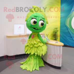 Lime Green Betta Fish mascot costume character dressed with a Pencil Skirt and Keychains