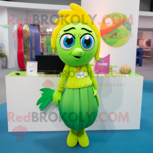Lime Green Betta Fish mascot costume character dressed with a Pencil Skirt and Keychains