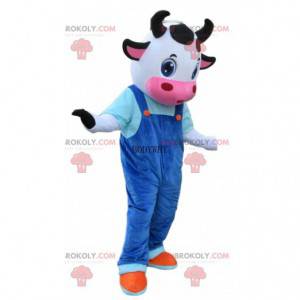 Costume de vachette avec une salopette bleue, mascotte de vache