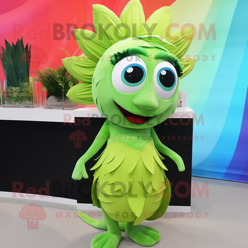 Lime Green Betta Fish mascot costume character dressed with a Pencil Skirt and Keychains