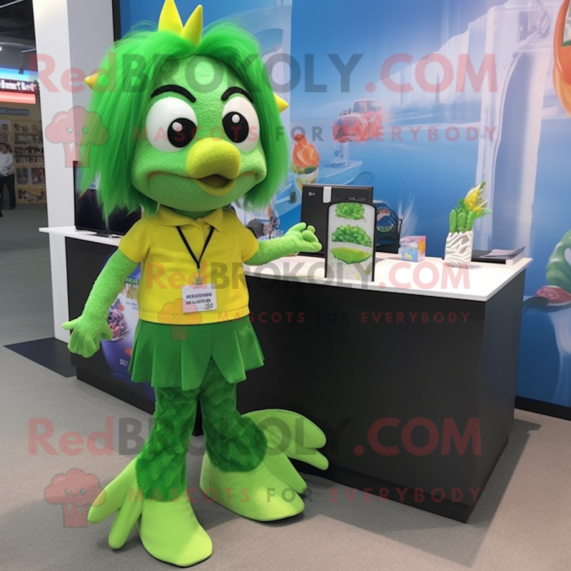 Lime Green Betta Fish mascot costume character dressed with a Pencil Skirt and Keychains