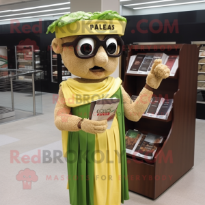 Brown Caesar Salad mascot costume character dressed with a Mini Dress and Reading glasses