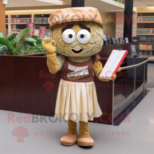 Brown Caesar Salad mascot costume character dressed with a Mini Dress and Reading glasses