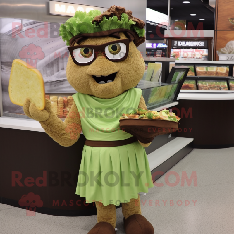 Brown Caesar Salad mascot costume character dressed with a Mini Dress and Reading glasses