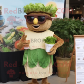 Brown Caesar Salad mascot costume character dressed with a Mini Dress and Reading glasses