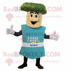 Teal Caesar Salad mascot costume character dressed with a Tank Top and Hat pins