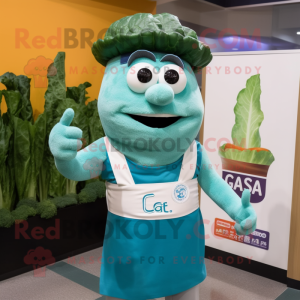 Teal Caesar Salad mascot costume character dressed with a Tank Top and Hat pins