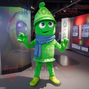 Green Pendant mascot costume character dressed with a Flare Jeans and Beanies
