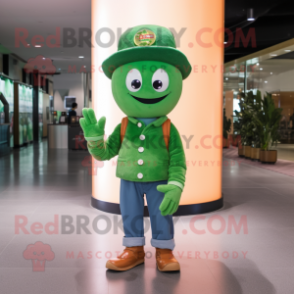 Green Pendant mascot costume character dressed with a Flare Jeans and Beanies