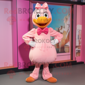 Pink Butter Chicken mascot costume character dressed with a Chinos and Bow ties