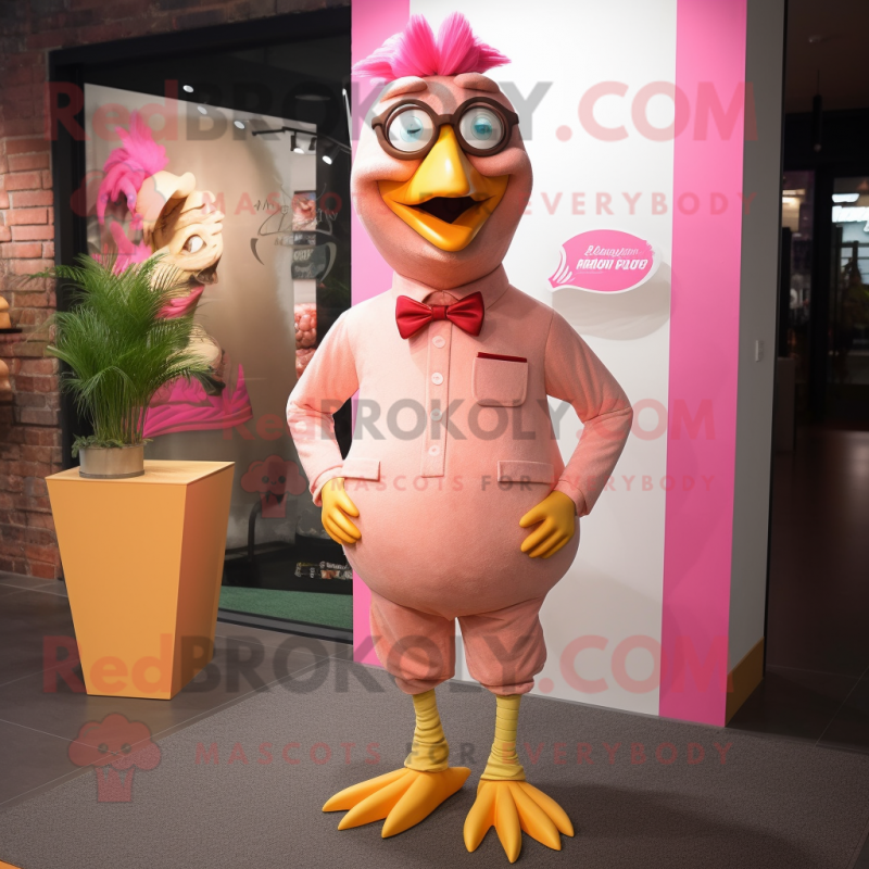 Pink Butter Chicken mascot costume character dressed with a Chinos and Bow ties