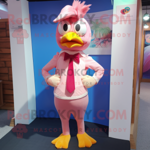 Pink Butter Chicken mascot costume character dressed with a Chinos and Bow ties