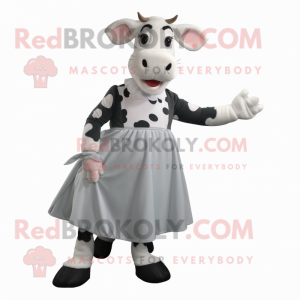 Gray Holstein Cow mascot costume character dressed with a A-Line Dress and Foot pads