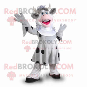 Gray Holstein Cow mascot costume character dressed with a A-Line Dress and Foot pads
