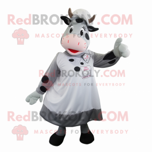 Gray Holstein Cow mascot costume character dressed with a A-Line Dress and Foot pads