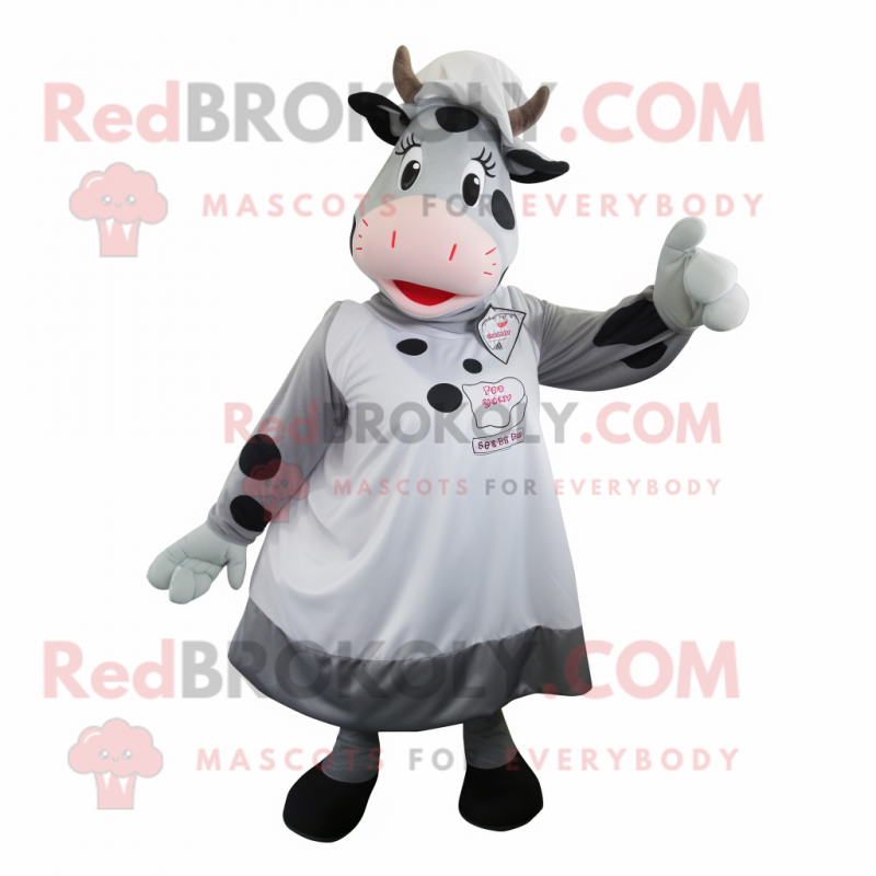 Gray Holstein Cow mascot costume character dressed with a A-Line Dress and Foot pads