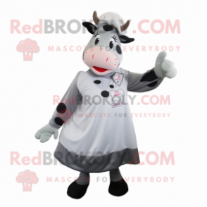 Gray Holstein Cow mascot costume character dressed with a A-Line Dress and Foot pads