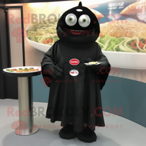 Black Sushi mascot costume character dressed with a Shift Dress and Cufflinks