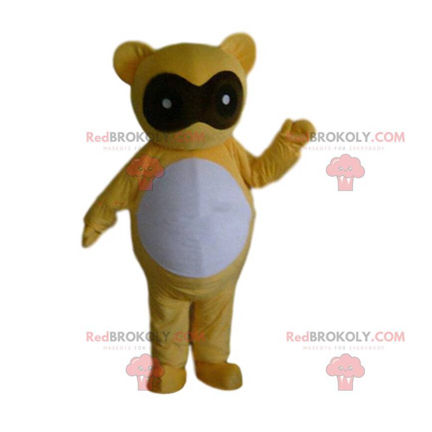 Disfraz de oso de peluche amarillo con los ojos vendados -