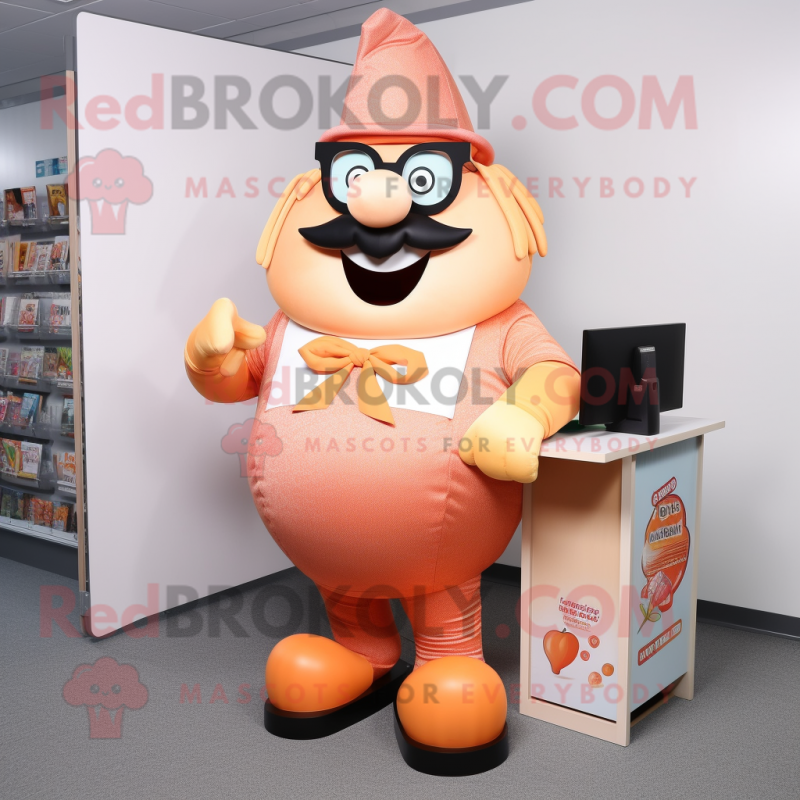 Peach Strongman mascot costume character dressed with a Cover-up and Reading glasses