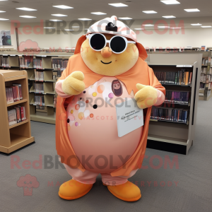 Peach Strongman mascot costume character dressed with a Cover-up and Reading glasses