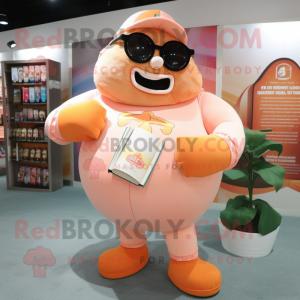 Peach Strongman mascot costume character dressed with a Cover-up and Reading glasses