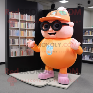 Peach Strongman mascot costume character dressed with a Cover-up and Reading glasses