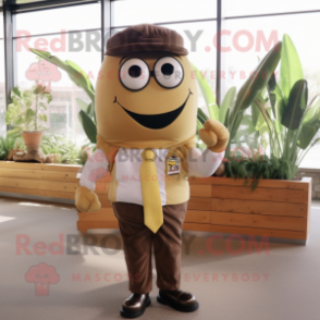 Brown Banana mascot costume character dressed with a Button-Up Shirt and Tie pins