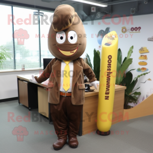 Brown Banana mascot costume character dressed with a Button-Up Shirt and Tie pins
