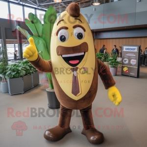 Brown Banana mascot costume character dressed with a Button-Up Shirt and Tie pins