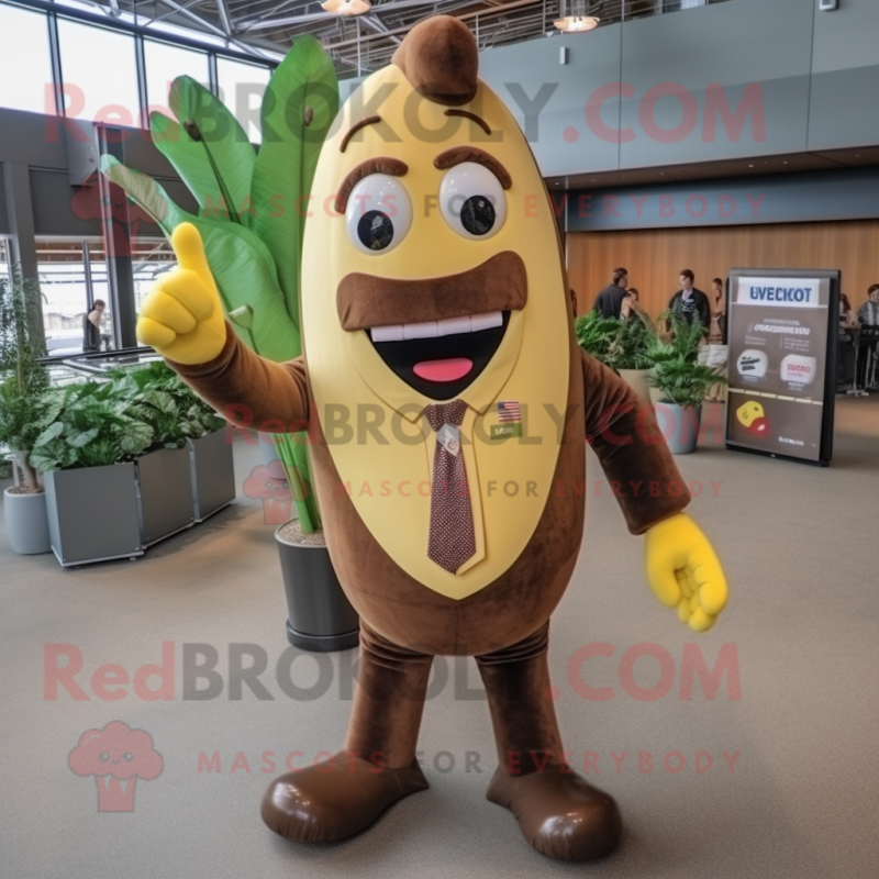 Brown Banana mascot costume character dressed with a Button-Up Shirt and Tie pins