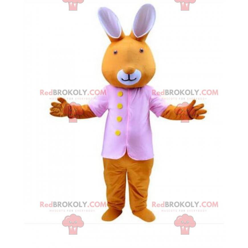 Travestimento di coniglio arancione vestito di rosa, mascotte