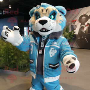 Cyan Saber-Toothed Tiger mascot costume character dressed with a Bomber Jacket and Keychains