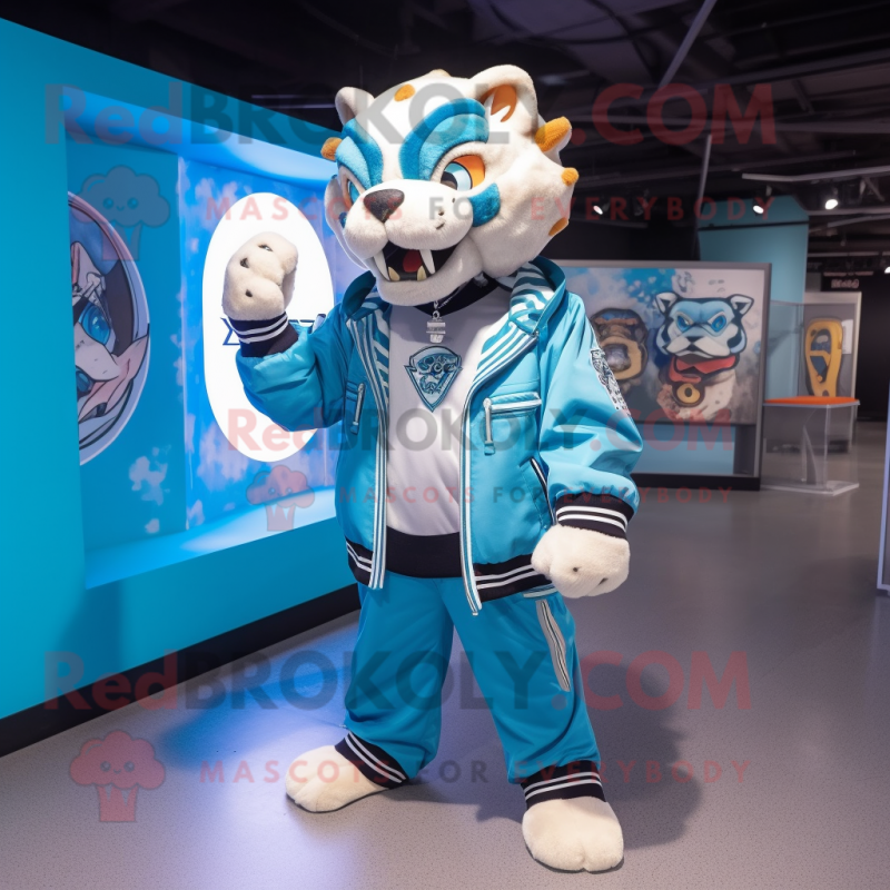 Cyan Saber-Toothed Tiger mascot costume character dressed with a Bomber Jacket and Keychains