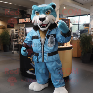 Cyan Saber-Toothed Tiger mascot costume character dressed with a Bomber Jacket and Keychains