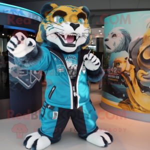 Cyan Saber-Toothed Tiger mascot costume character dressed with a Bomber Jacket and Keychains