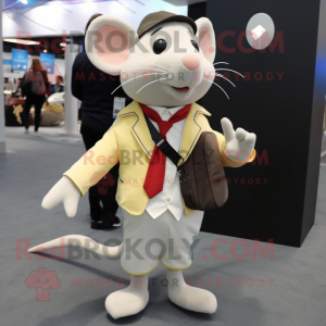 Cream Rat mascot costume character dressed with a Suit Jacket and Backpacks