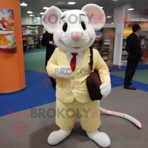 Cream Rat mascot costume character dressed with a Suit Jacket and Backpacks