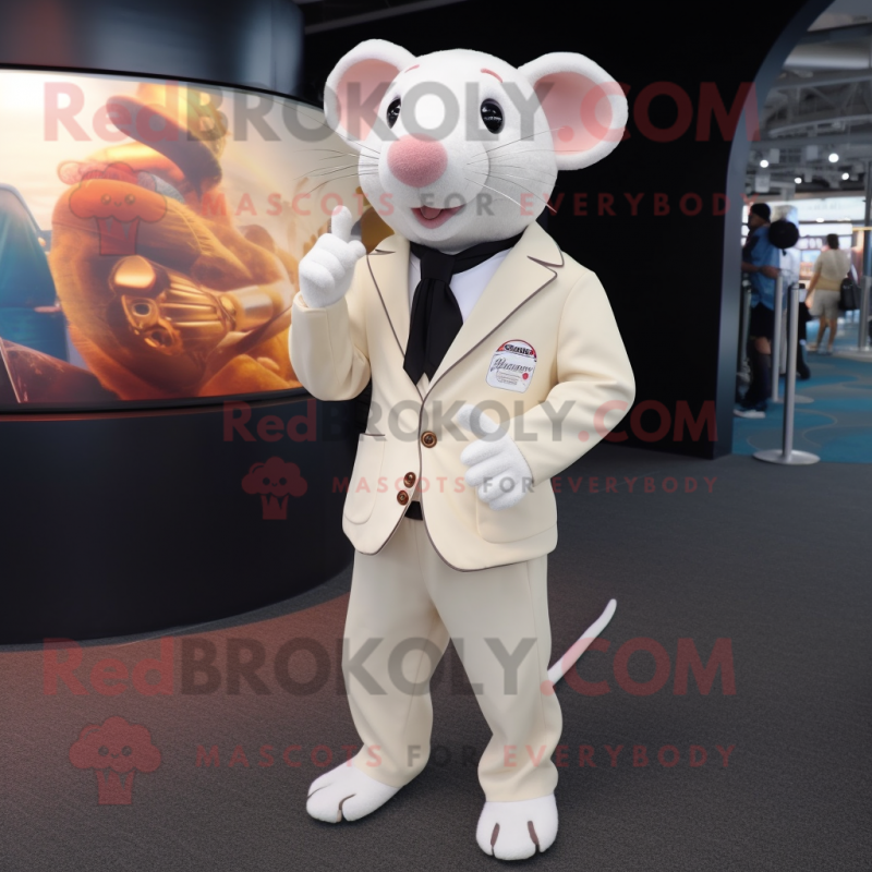 Cream Rat mascot costume character dressed with a Suit Jacket and Backpacks