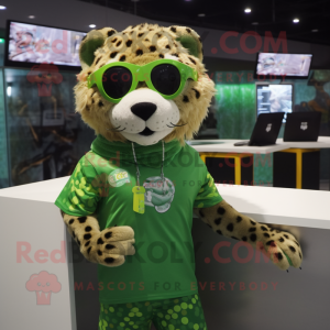 Green Cheetah mascot costume character dressed with a Rash Guard and Eyeglasses
